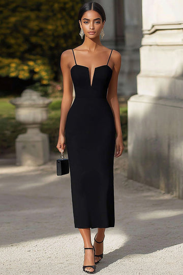 Robe longue formelle à bretelles spaghetti fourreau noir